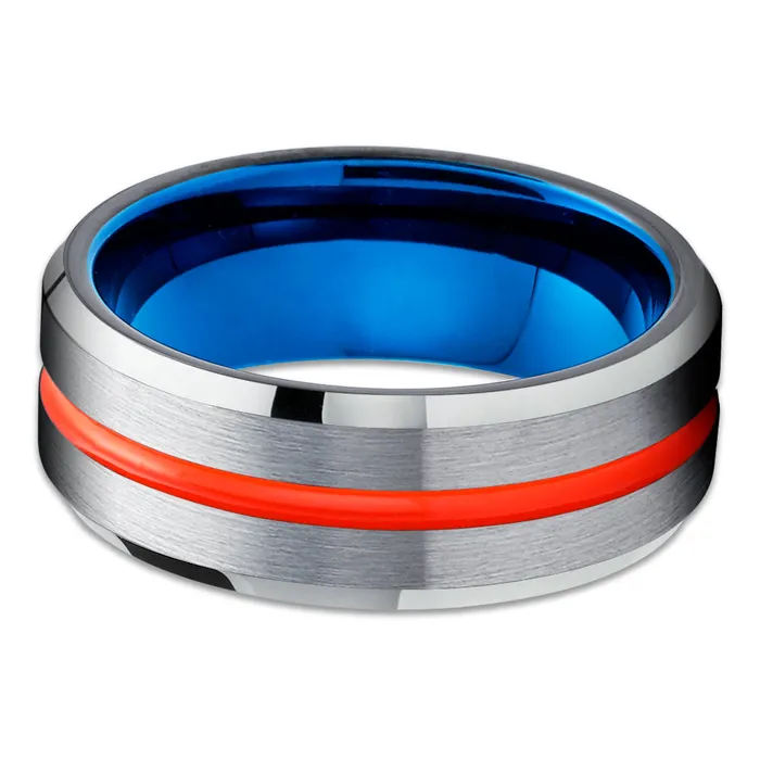 Blue Tungsten Wedding Band Orange Tungsten Ring Orange Wedding Ring Silver Clean Casting Jewelry Rings