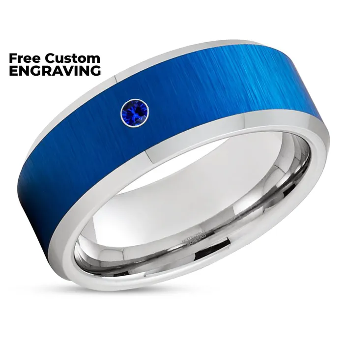 Blue Tungsten Wedding Ring Silver Tungsten Ring Silver Tungsten Ring Blue Sapphire Clean Casting Jewelry Rings