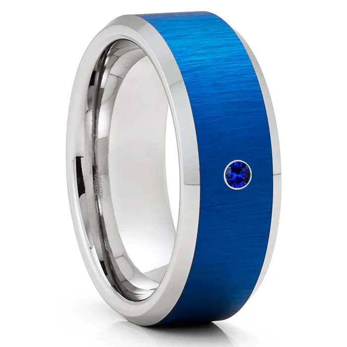 Blue Tungsten Wedding Ring Silver Tungsten Ring Silver Tungsten Ring Blue Sapphire Clean Casting Jewelry Rings