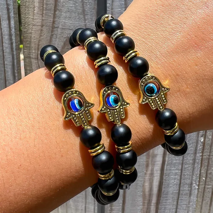 Bracelets Magic Crystals Black Onyx Matte Stone Hamsa Bracelet
