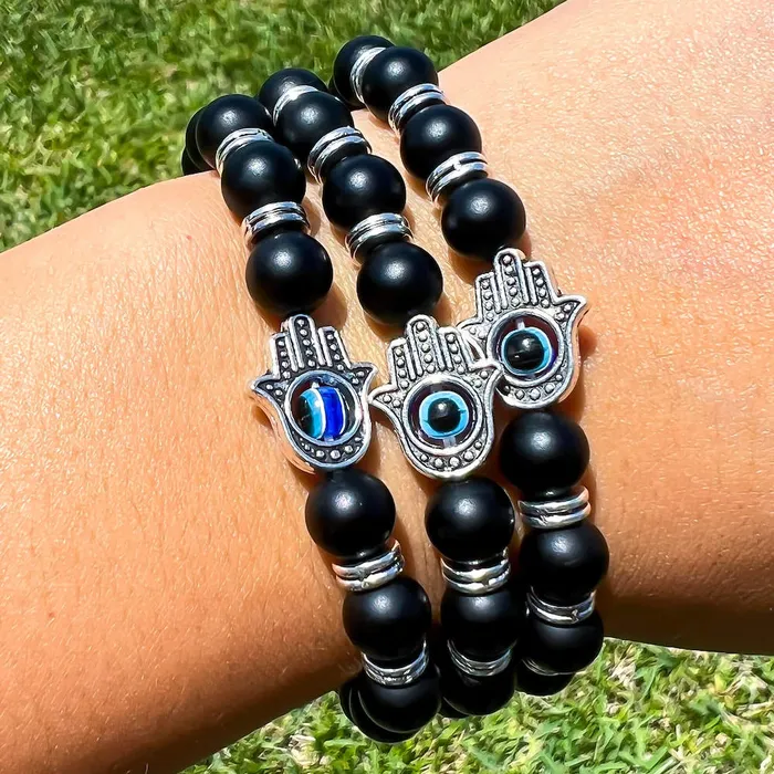 Bracelets Magic Crystals Black Onyx Matte Stone Hamsa Bracelet