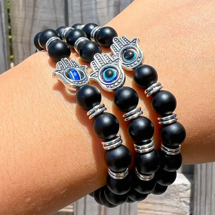 Bracelets Magic Crystals Black Onyx Matte Stone Hamsa Bracelet
