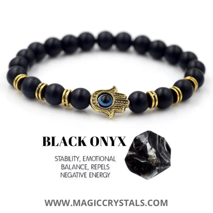 Bracelets Magic Crystals Black Onyx Matte Stone Hamsa Bracelet