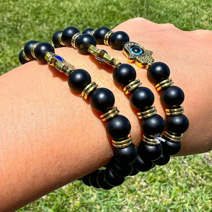 Bracelets Magic Crystals Black Onyx Matte Stone Hamsa Bracelet