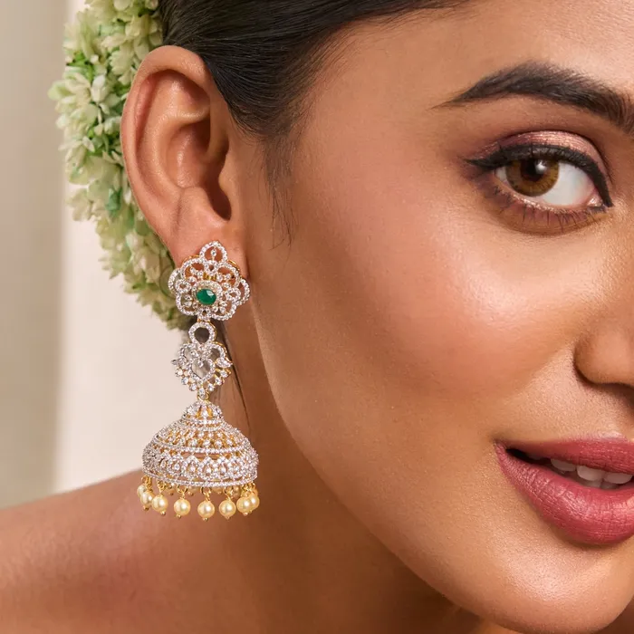 Camellia Floral CZ Silver Jhumka Earrings SILVER Earrings