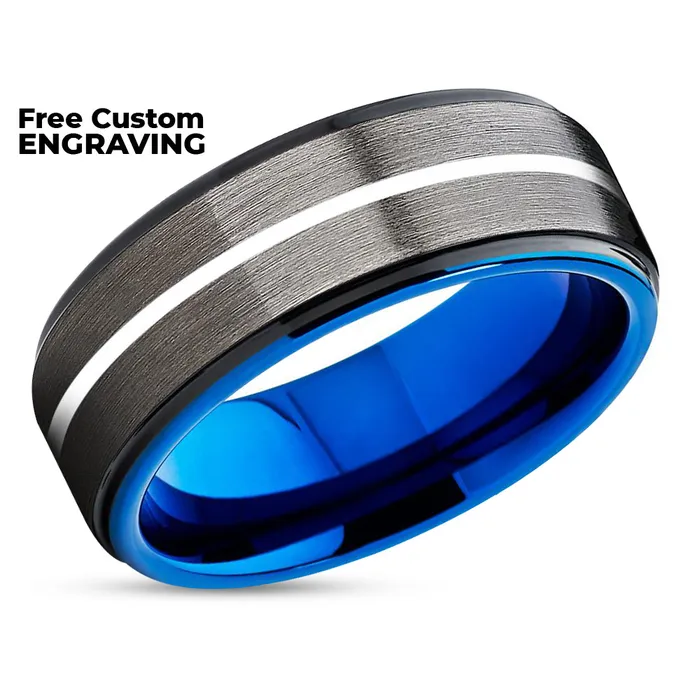 Clean Casting Jewelry Blue Ring Gunmetal Wedding Ring Blue Tungsten Ring Wedding Band Black Ring Rings
