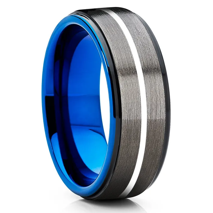 Clean Casting Jewelry Blue Ring Gunmetal Wedding Ring Blue Tungsten Ring Wedding Band Black Ring Rings