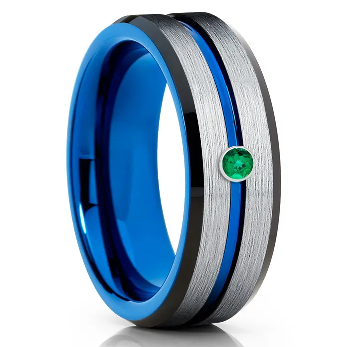 Clean Casting Jewelry Blue Tungsten Wedding Band Silver Wedding Ring Emerald Wedding Ring Black Ring Rings
