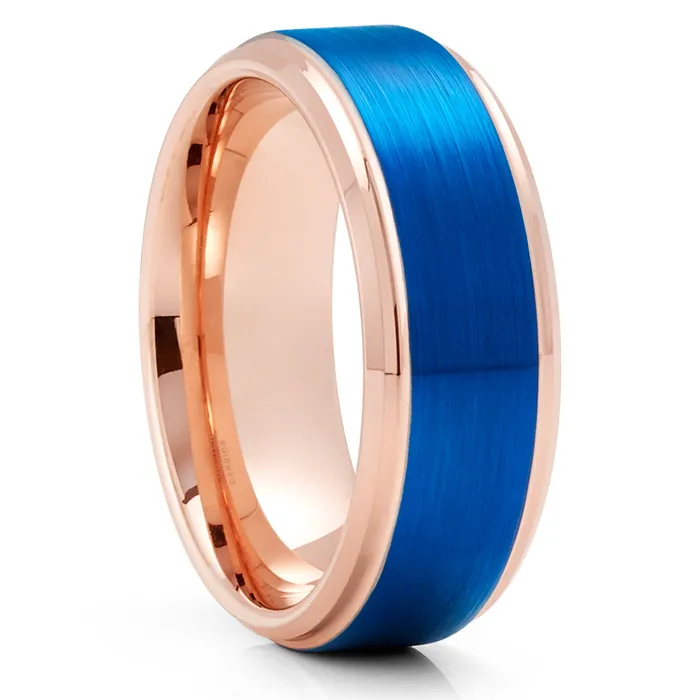 Clean Casting Jewelry Rings Blue Tungsten Wedding Ring Rose Gold Wedding Ring Tungsten Carbide Ring Blue