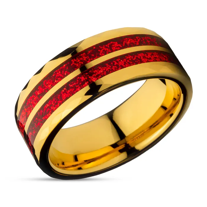 Clean Casting Jewelry Yellow Gold Glitter Ring Diamond Cut Wedding Ring Red Inlay Ring 8mm Wedding Band Rings Clean Casting Jewelry Yellow Gold Glitter Ring Diamond Cut Wedding Ring Red Inlay Ring 8mm Wedding Band Rings