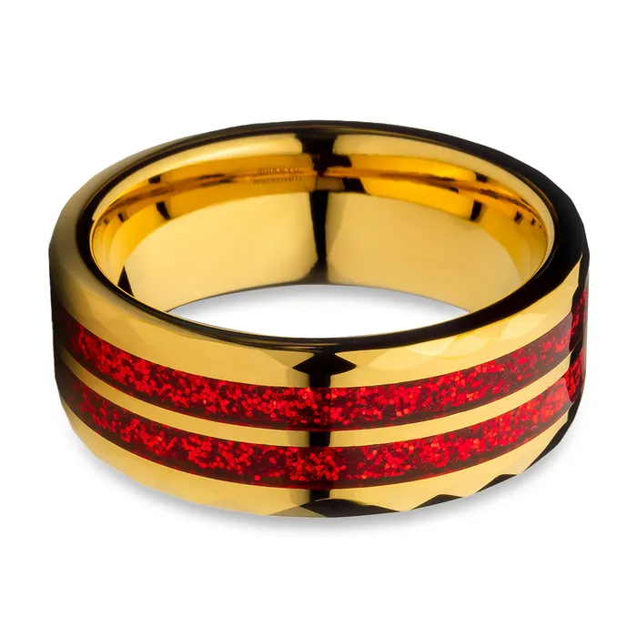 Clean Casting Jewelry Yellow Gold Glitter Ring Diamond Cut Wedding Ring Red Inlay Ring 8mm Wedding Band Rings