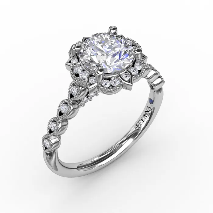 FANA Round Diamond Engagement Ring Setting With Floral Halo and Milgrain Details International Diamond Center Rings FANA Round Diamond Engagement Ring Setting With Floral Halo and Milgrain Details International Diamond Center Rings