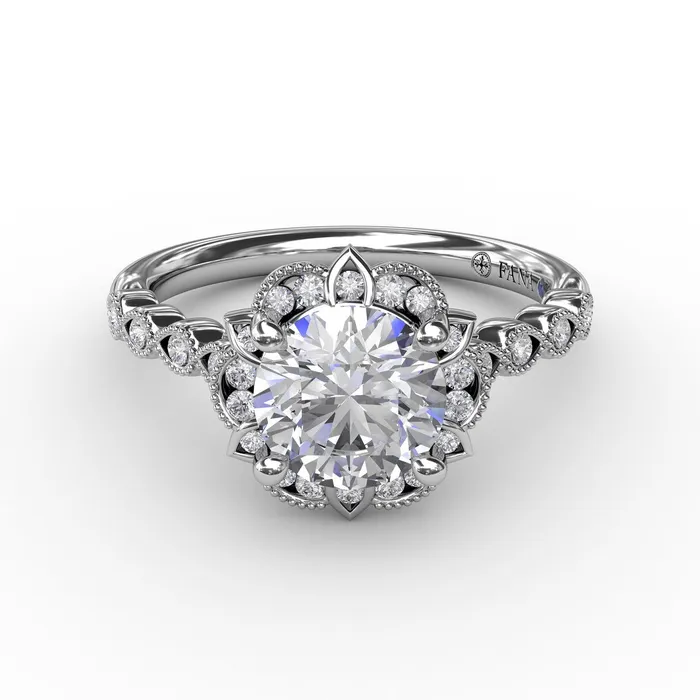 FANA Round Diamond Engagement Ring Setting With Floral Halo and Milgrain Details International Diamond Center Rings