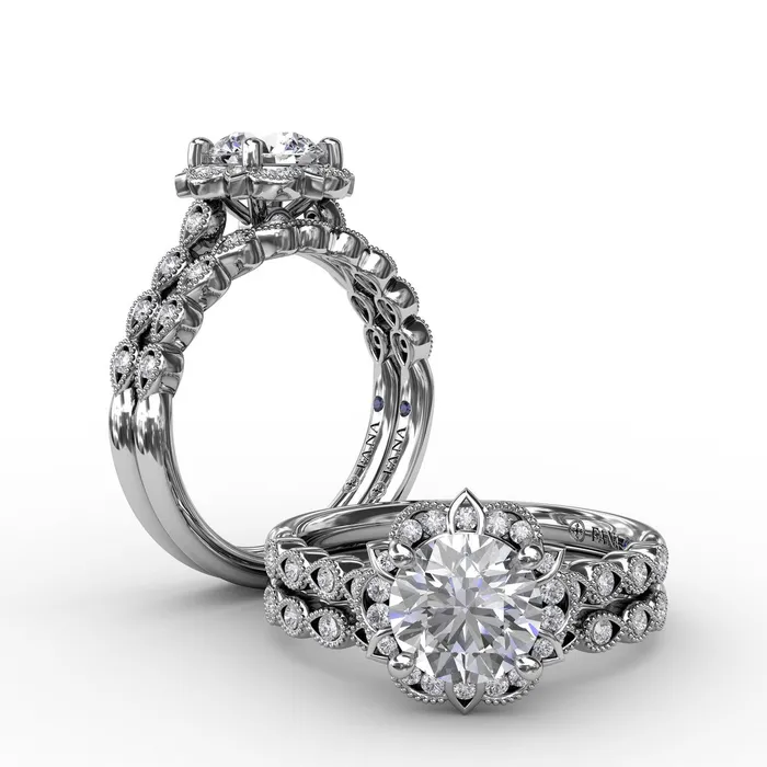 FANA Round Diamond Engagement Ring Setting With Floral Halo and Milgrain Details International Diamond Center Rings