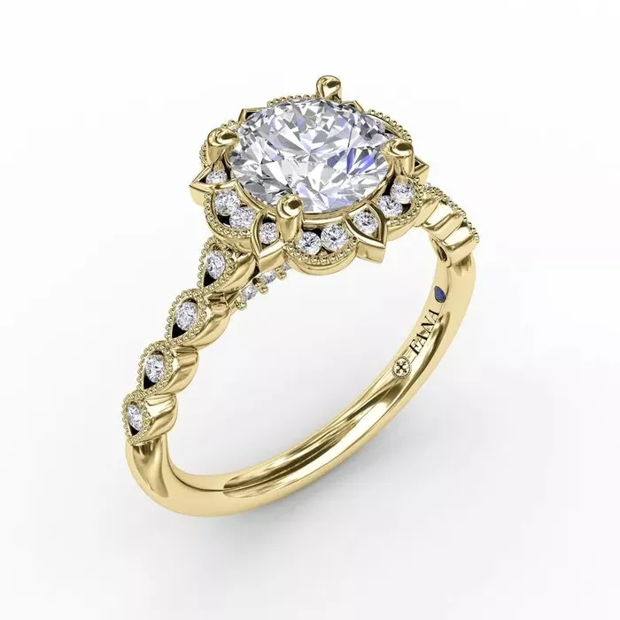 FANA Round Diamond Engagement Ring Setting With Floral Halo and Milgrain Details International Diamond Center Rings
