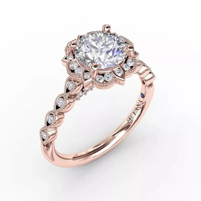 FANA Round Diamond Engagement Ring Setting With Floral Halo and Milgrain Details International Diamond Center Rings