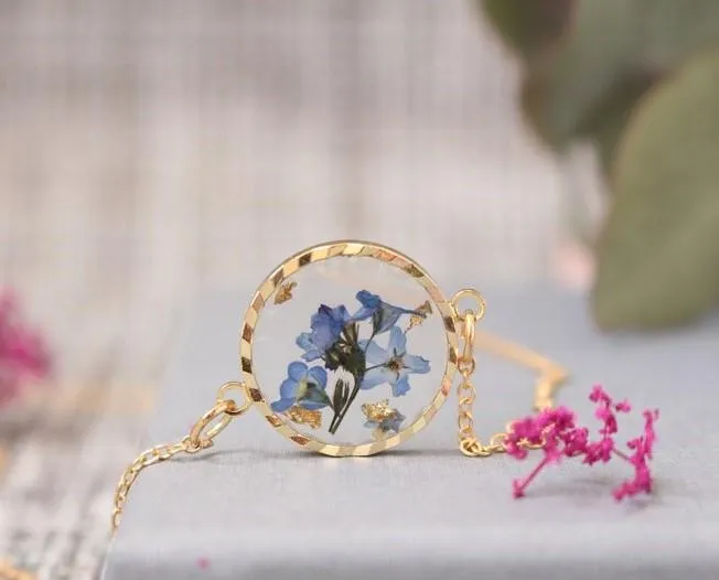 Fancy Necklaces Fancy ForgetMeNot Pressed Flower Gold Plated Necklace