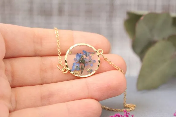 Fancy Necklaces Fancy ForgetMeNot Pressed Flower Gold Plated Necklace