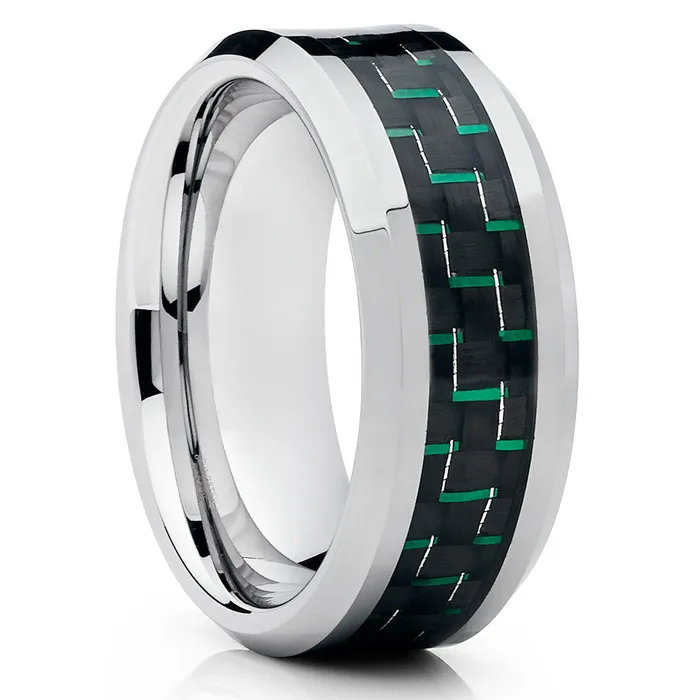 Green Tungsten Ring Carbon Fiber Tungsten Ring Tungsten Wedding Band Clean Casting Jewelry Rings
