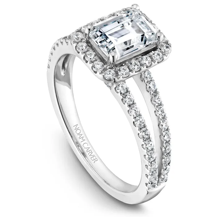 International Diamond Center Noam Carver White Gold Split Shank Diamond Engagement Ring Setting with Emerald Center Stone and Halo Rings International Diamond Center Noam Carver White Gold Split Shank Diamond Engagement Ring Setting with Emerald Center Stone and Halo Rings