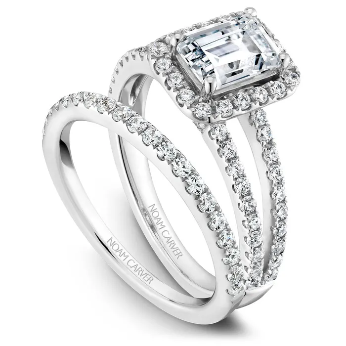 International Diamond Center Noam Carver White Gold Split Shank Diamond Engagement Ring Setting with Emerald Center Stone and Halo Rings