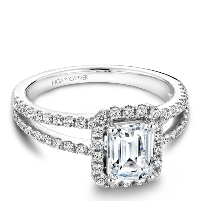 International Diamond Center Noam Carver White Gold Split Shank Diamond Engagement Ring Setting with Emerald Center Stone and Halo Rings
