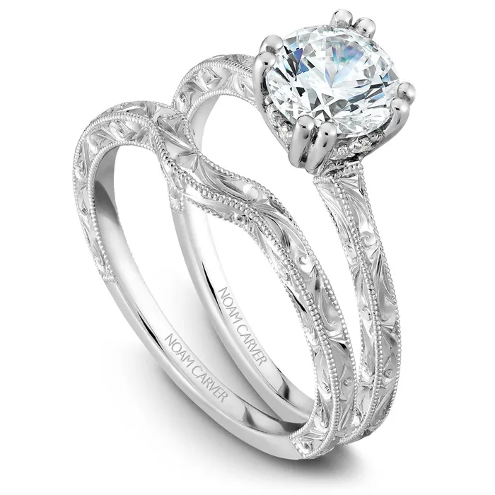International Diamond Center Rings Noam Carver White Gold Carved Shank Engagement Ring Setting 006 CTW