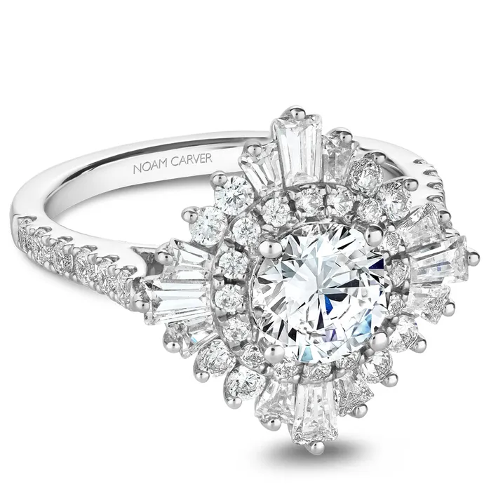 International Diamond Center Rings Noam Carver White Gold Double Halo of Baguettes and Rounds Diamond Engagement Ring Setting 151 CTW