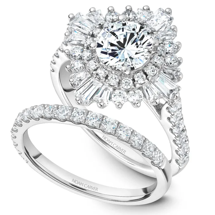 International Diamond Center Rings Noam Carver White Gold Double Halo of Baguettes and Rounds Diamond Engagement Ring Setting 151 CTW