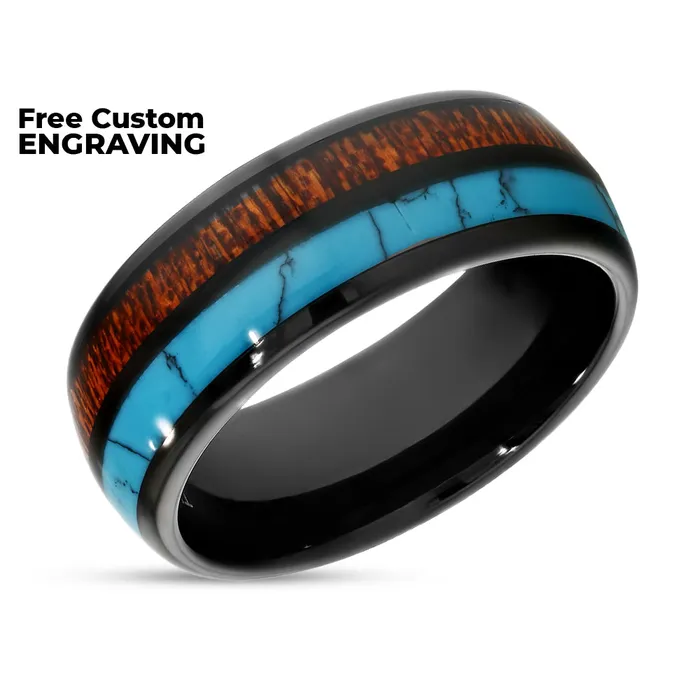 Kow Wood Turquoise Wedding Ring 8mm Wedding Ring Dome Wedding Ring Black Clean Casting Jewelry Rings