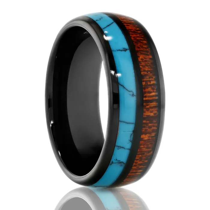 Kow Wood Turquoise Wedding Ring 8mm Wedding Ring Dome Wedding Ring Black Clean Casting Jewelry Rings