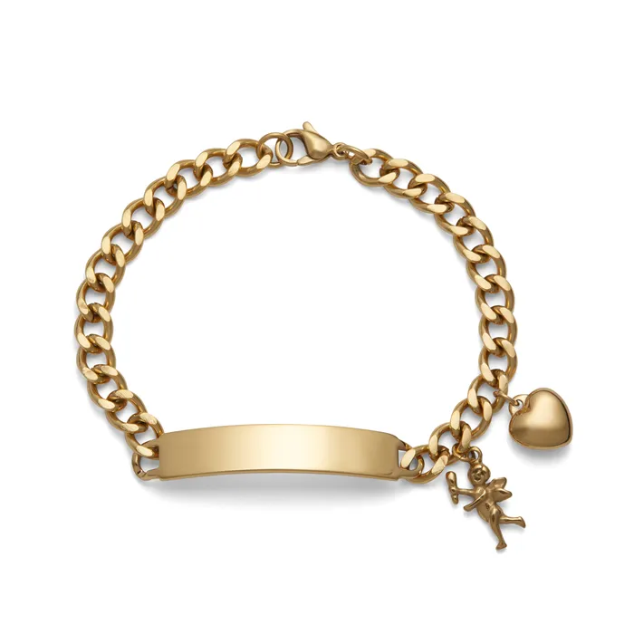 Ladies ID Bracelet with Plaque and Cherub and Heart Charms Silver Tone Speidel Bracelets Ladies ID Bracelet with Plaque and Cherub and Heart Charms Silver Tone Speidel Bracelets