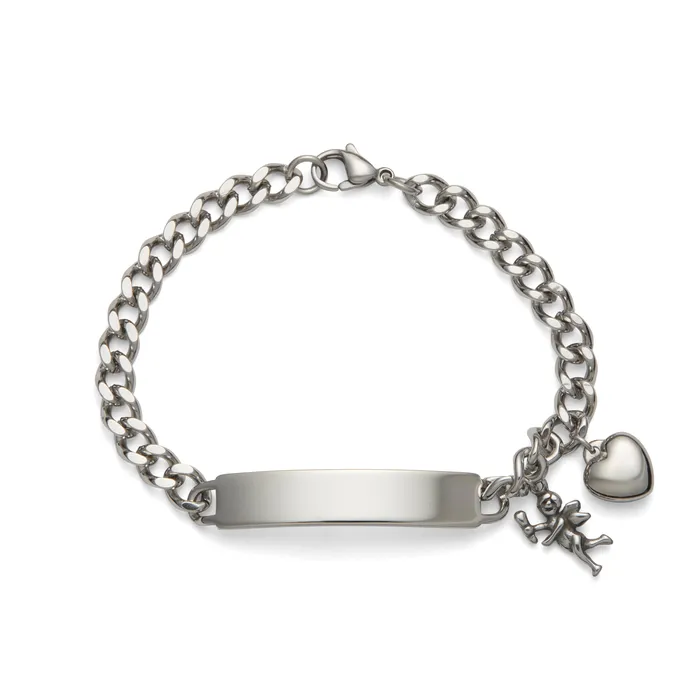 Ladies ID Bracelet with Plaque and Cherub and Heart Charms Silver Tone Speidel Bracelets