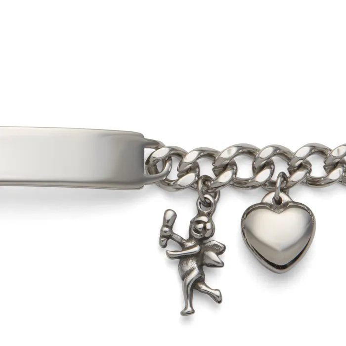 Ladies ID Bracelet with Plaque and Cherub and Heart Charms Silver Tone Speidel Bracelets
