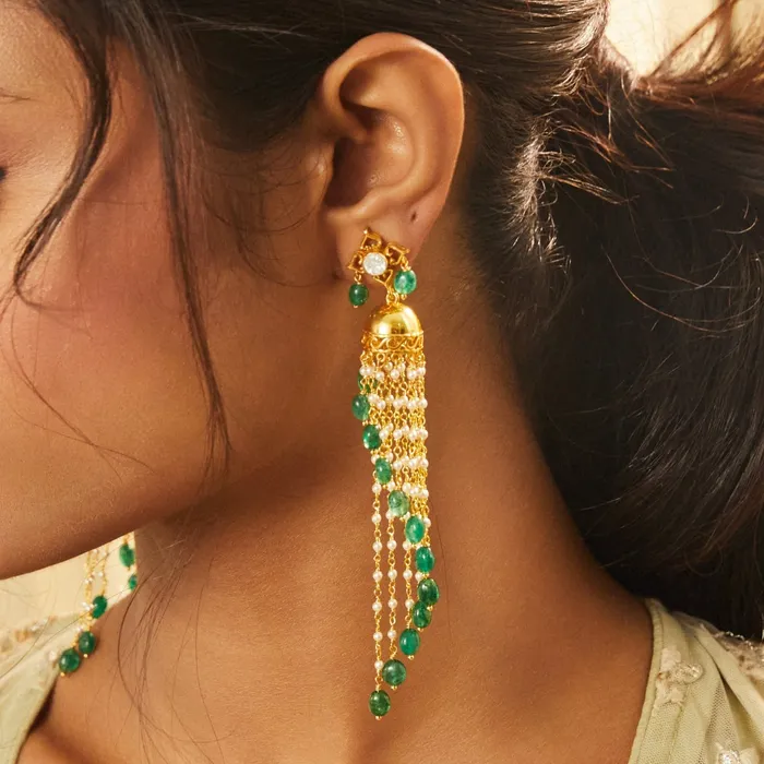 Manika Gold Plated Pearl Chain And Moissanite Silver Jhumka SILVER Necklaces