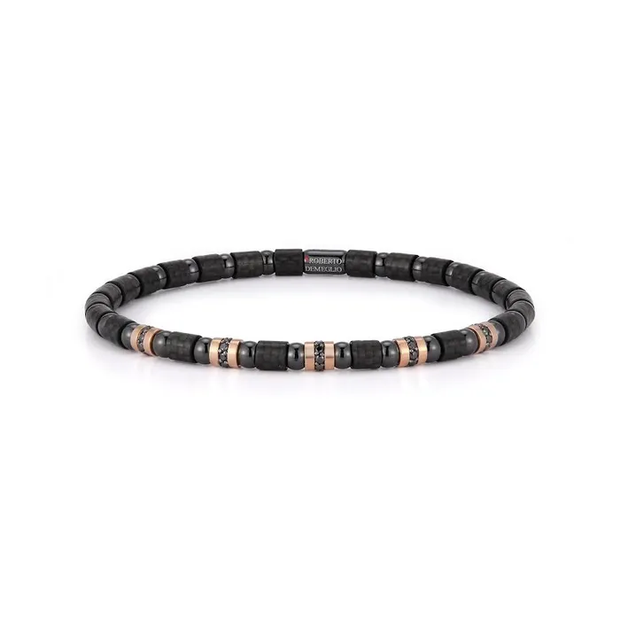 Mens Stretch Carbon Fiber Bracelet with Five Row of Black Diamonds Roberto Demeglio Bracelets