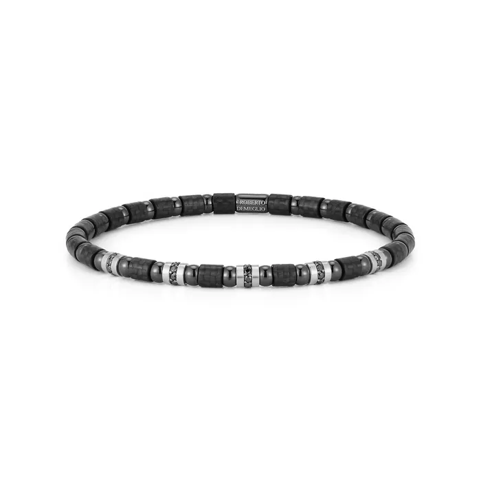 Mens Stretch Carbon Fiber Bracelet with Five Row of Black Diamonds Roberto Demeglio Bracelets