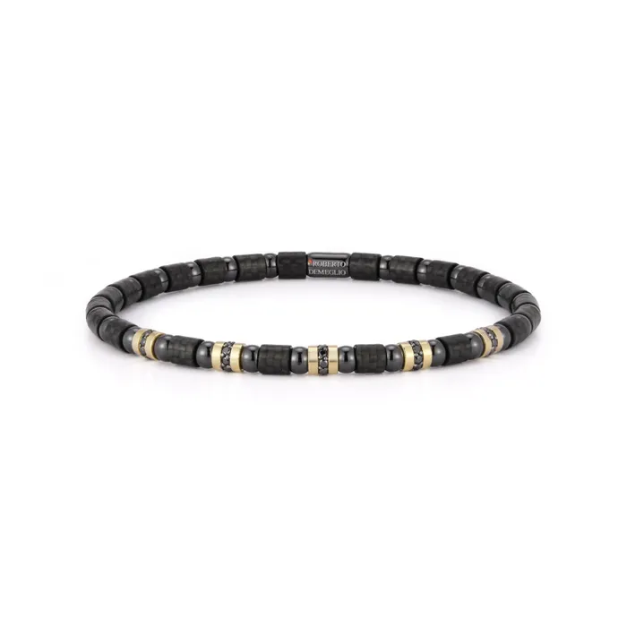 Mens Stretch Carbon Fiber Bracelet with Five Row of Black Diamonds Roberto Demeglio Bracelets