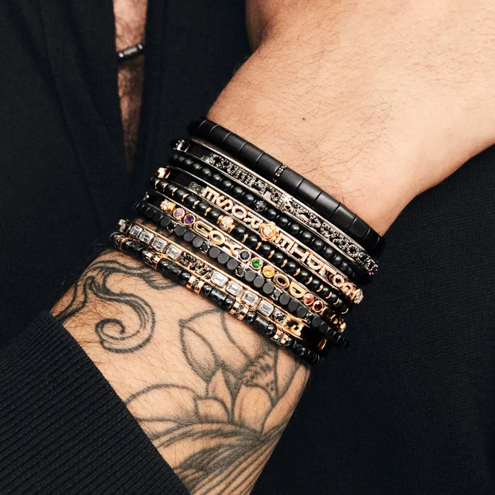 Mens Stretch Carbon Fiber Bracelet with Five Row of Black Diamonds Roberto Demeglio Bracelets