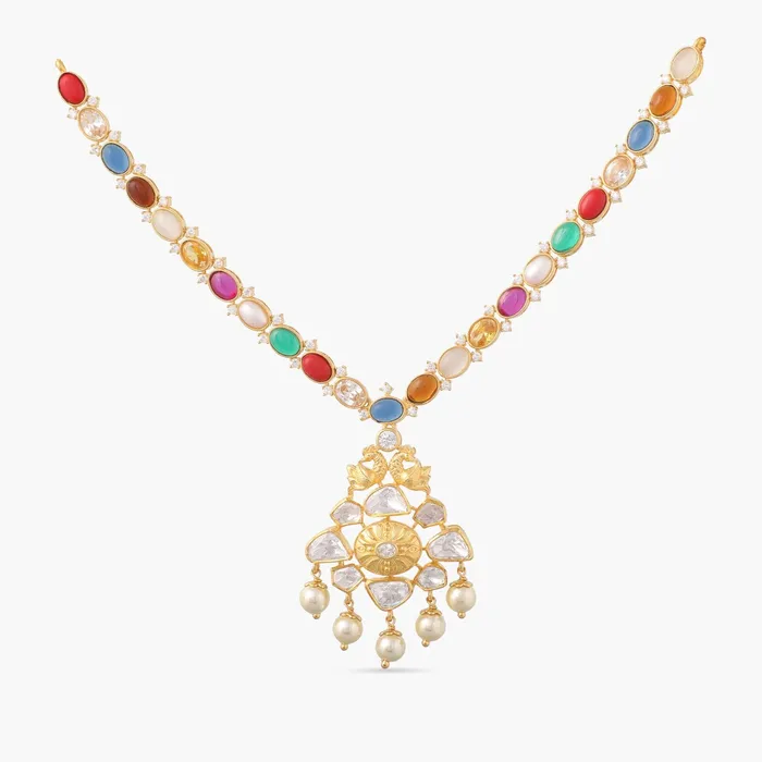 Moissanites and Peacock Motif Navaratna Silver Necklace SILVER Necklaces