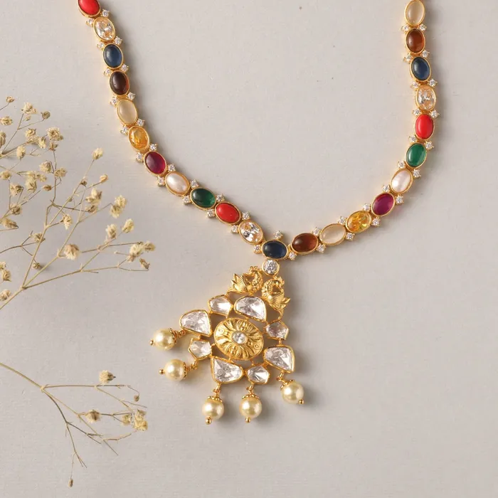 Moissanites and Peacock Motif Navaratna Silver Necklace SILVER Necklaces
