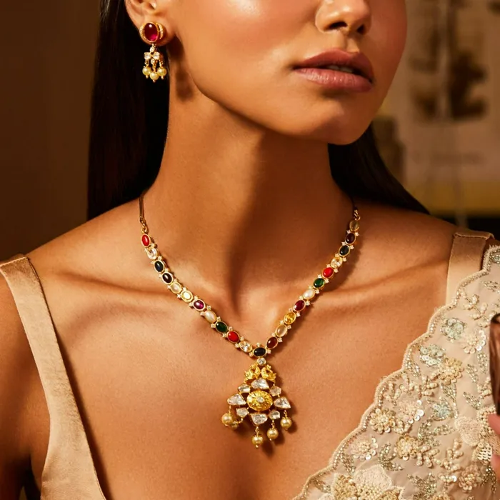 Moissanites and Peacock Motif Navaratna Silver Necklace SILVER Necklaces
