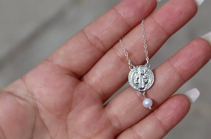 Necklaces St Benedict White Pearl Necklace TheLittleCatholic