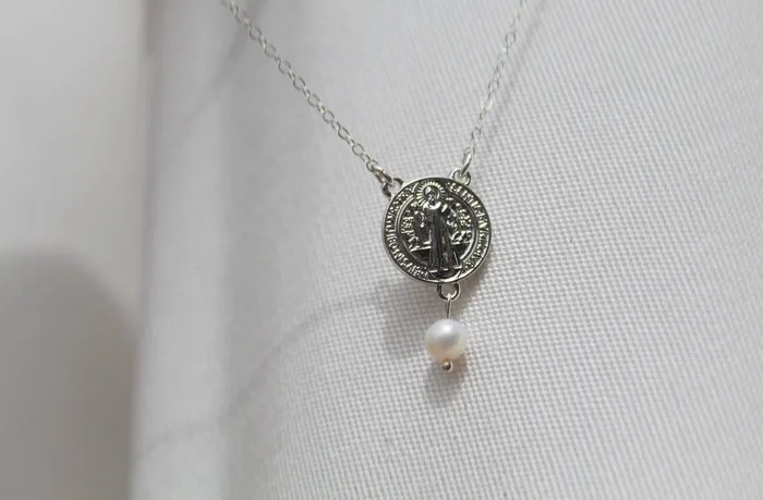Necklaces St Benedict White Pearl Necklace TheLittleCatholic