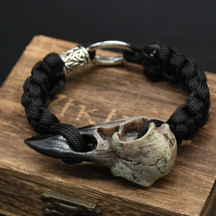 Odins Raven Relic Bracelet Black Rope with Crow Skull Valhalla Vikings Bracelets