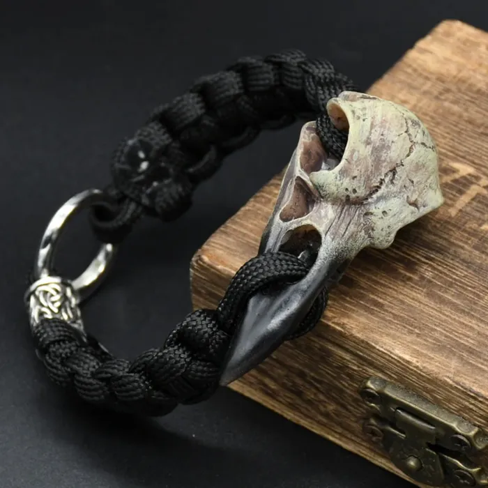 Odins Raven Relic Bracelet Black Rope with Crow Skull Valhalla Vikings Bracelets