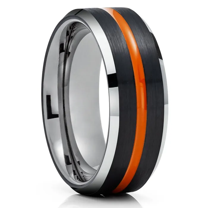 Orange Tungsten Wedding Band Black Tungsten Ring Gunmetal Tungsten Ring Black Clean Casting Jewelry Rings
