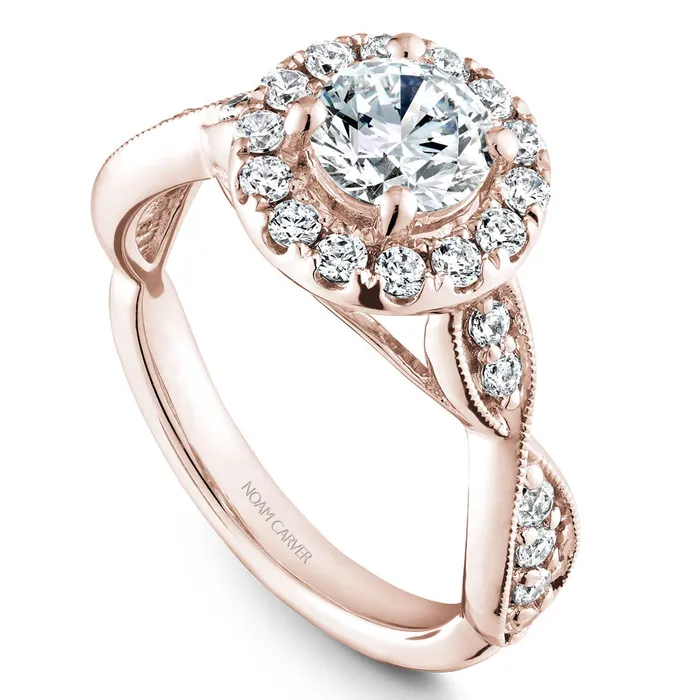 Rings International Diamond Center Noam Carver Rose Gold Halo Engagement Ring Setting with Twist Shank 055 CTW Rings International Diamond Center Noam Carver Rose Gold Halo Engagement Ring Setting with Twist Shank 055 CTW