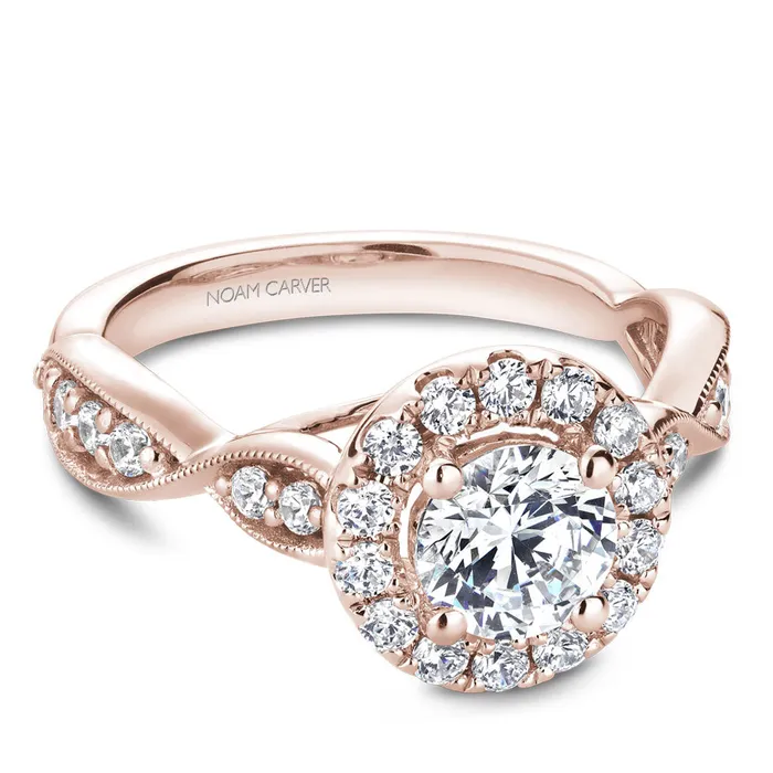 Rings International Diamond Center Noam Carver Rose Gold Halo Engagement Ring Setting with Twist Shank 055 CTW
