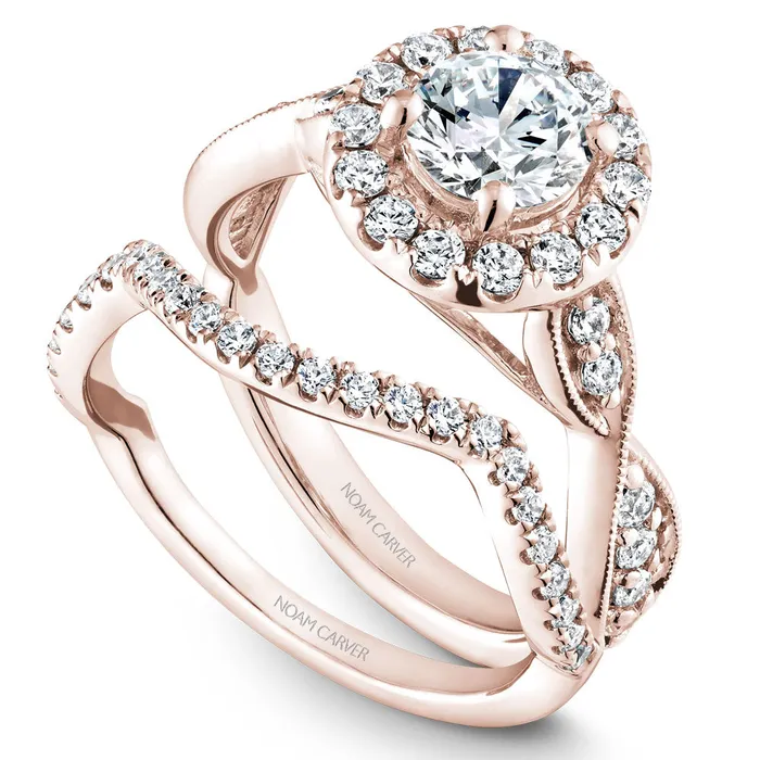 Rings International Diamond Center Noam Carver Rose Gold Halo Engagement Ring Setting with Twist Shank 055 CTW
